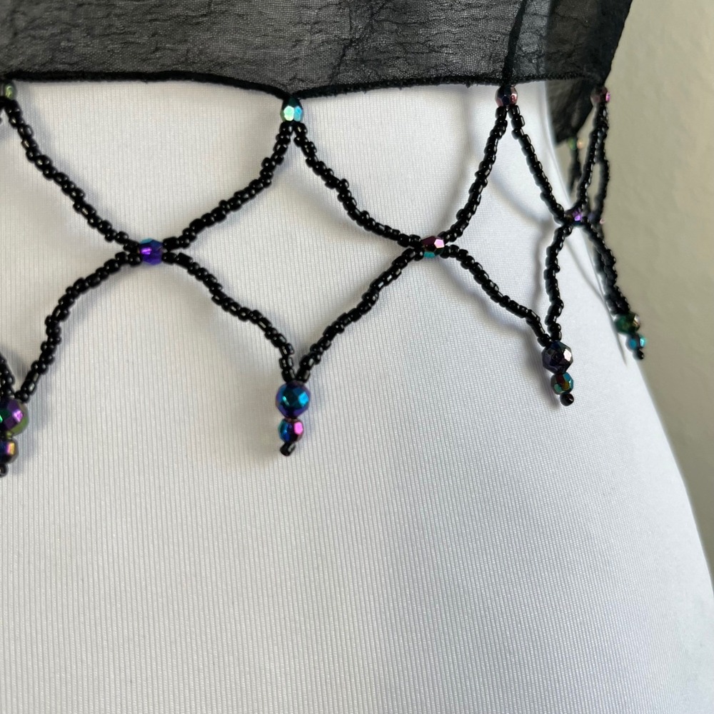 VTG Black Beaded Floral Embroidered Sheer Shawl Wrap Fringe Whimsigoth Vamp Y2K - Picture 5 of 9